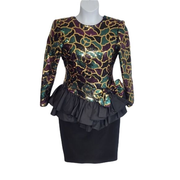 VINTAGE 80s dress Cache sequined long sleeve formal party cocktail S - Picture 1 of 14